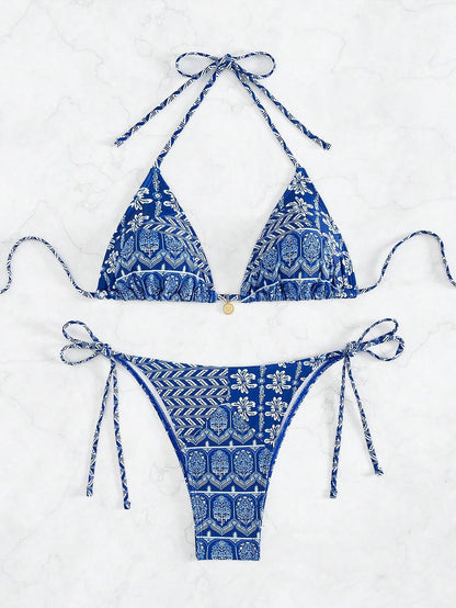 Women's 2-Piece Boho Halter Bikini Set - Knot Detail, Tie Side, Triangle Cup, Blue and White