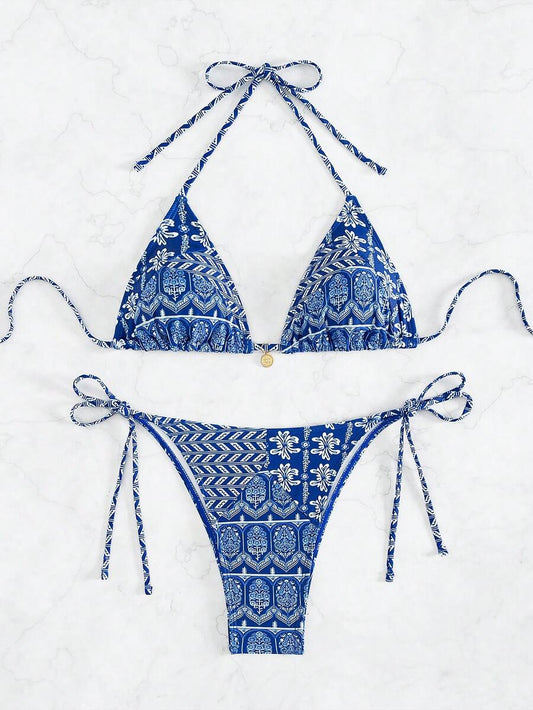 Women's 2-Piece Boho Halter Bikini Set - Knot Detail, Tie Side, Triangle Cup, Blue and White