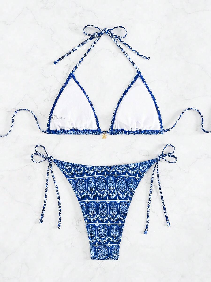 Women's 2-Piece Boho Halter Bikini Set - Knot Detail, Tie Side, Triangle Cup, Blue and White