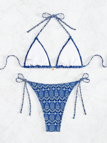 Women's 2-Piece Boho Halter Bikini Set - Knot Detail, Tie Side, Triangle Cup, Blue and White