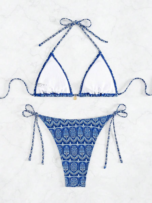 Women's 2-Piece Boho Halter Bikini Set - Knot Detail, Tie Side, Triangle Cup, Blue and White