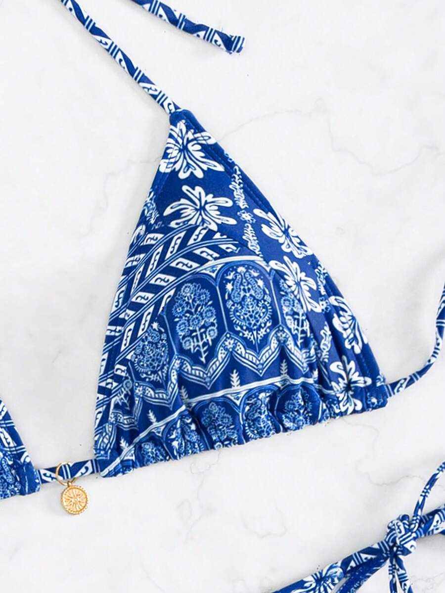 Women's 2-Piece Boho Halter Bikini Set - Knot Detail, Tie Side, Triangle Cup, Blue and White