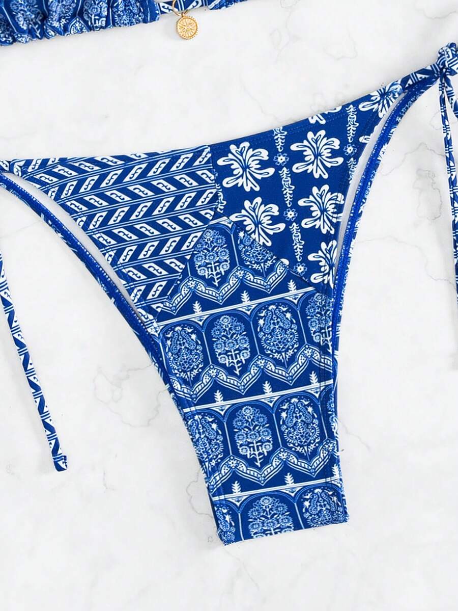 Women's 2-Piece Boho Halter Bikini Set - Knot Detail, Tie Side, Triangle Cup, Blue and White