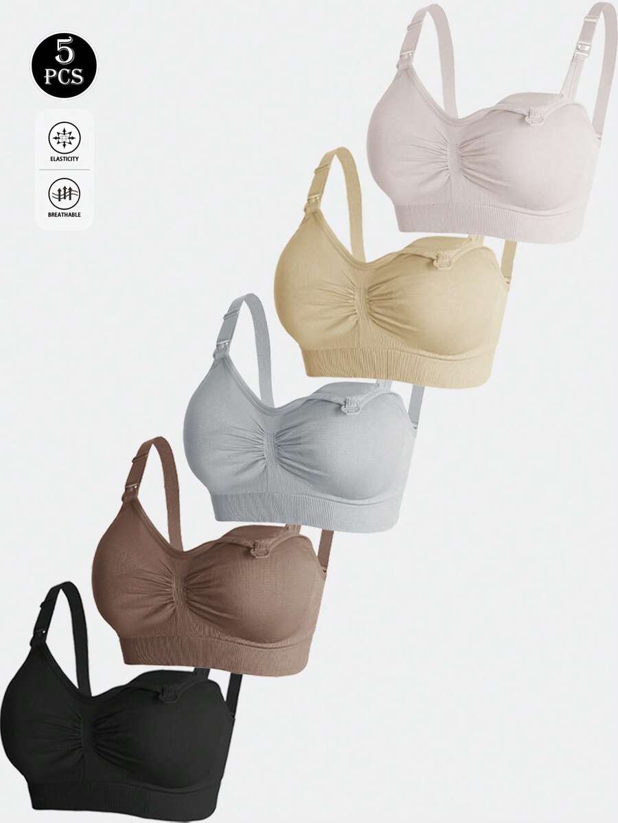 Maternity Nursing Bra Set 5 Pack - Nylon Seamless Front Clasp Wireless Breastfeeding, Pregnancy
