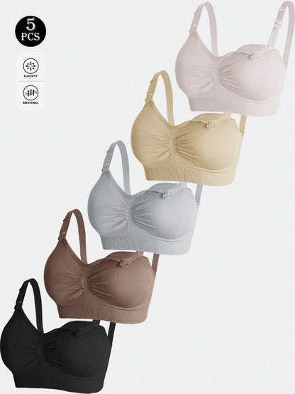 Maternity Nursing Bra Set 5 Pack - Nylon Seamless Front Clasp Wireless Breastfeeding, Pregnancy