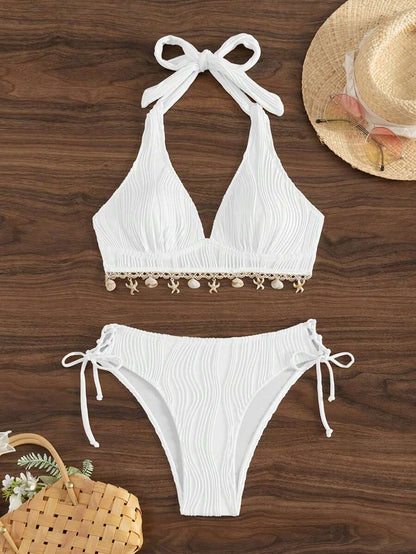 Women's 2-Piece Halter Bikini Set - Shell Trim, Triangle Cup, Floral Print, Apricot