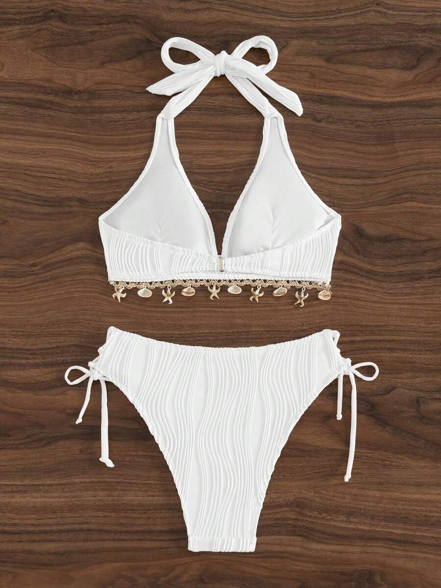 Women's 2-Piece Halter Bikini Set - Shell Trim, Triangle Cup, Floral Print, Apricot