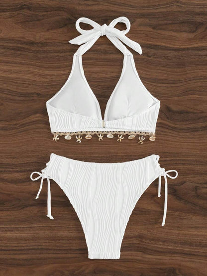 Women's 2-Piece Halter Bikini Set - Shell Trim, Triangle Cup, Floral Print, Apricot