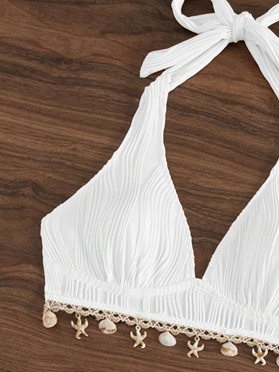 Women's 2-Piece Halter Bikini Set - Shell Trim, Triangle Cup, Floral Print, Apricot