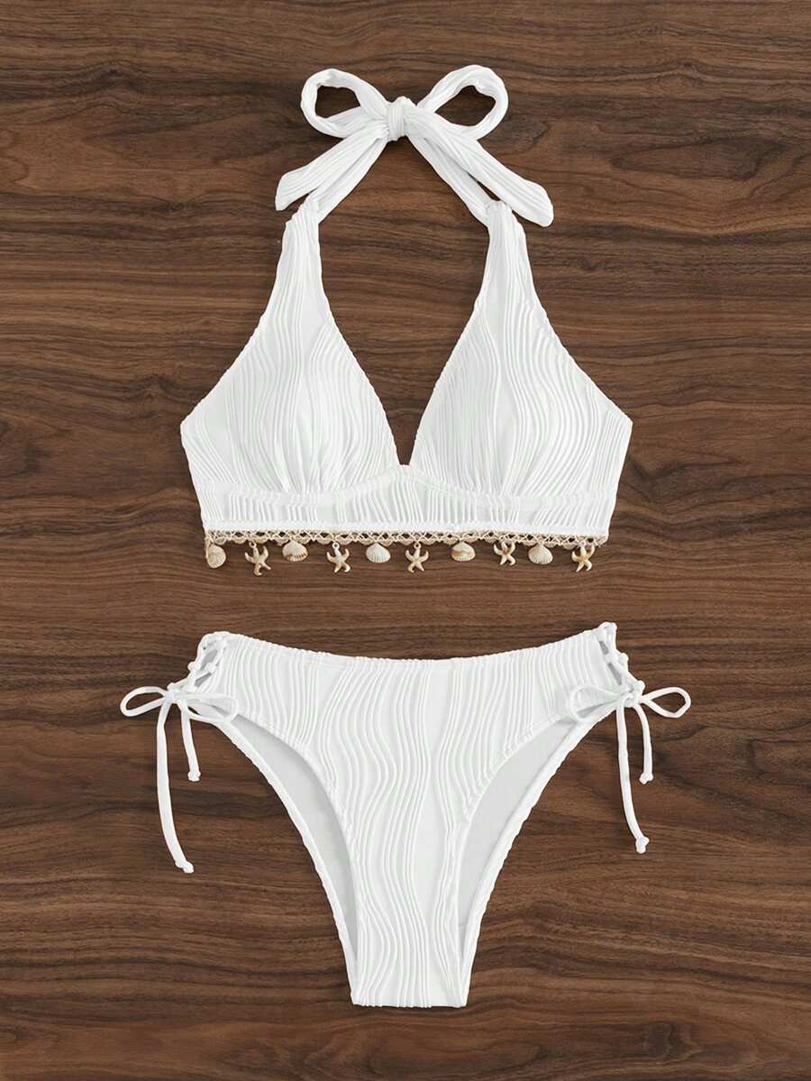 Women's 2-Piece Halter Bikini Set - Shell Trim, V-Cut Triangle, Backless, Black