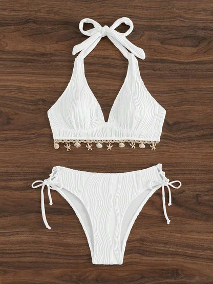Women's 2-Piece Halter Bikini Set - Shell Trim, V-Cut Triangle, Backless, Black
