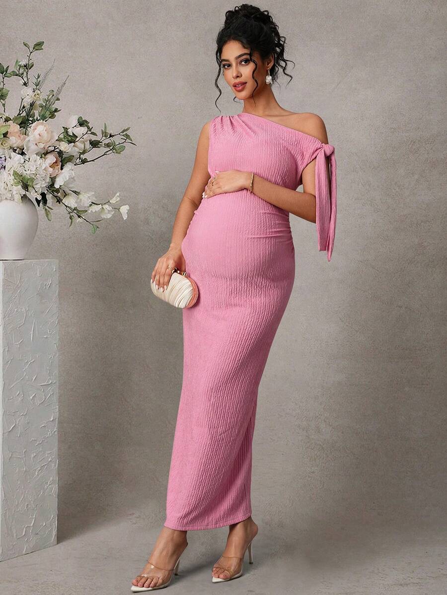 Maternity Fitted Midi Dress - Asymmetrical Neck, Split Sleeve, Jacquard, Slim Fit, Black