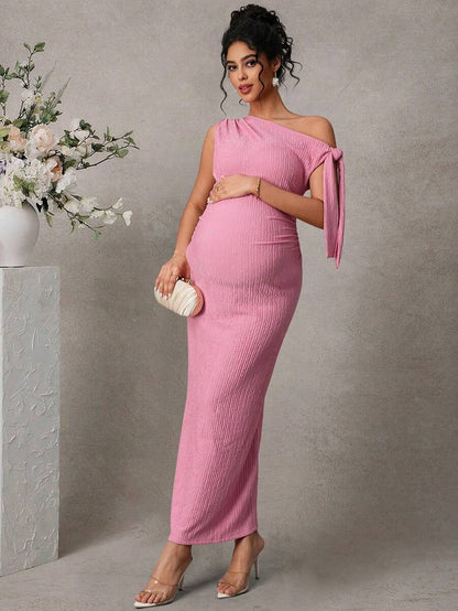 Maternity Fitted Midi Dress - Asymmetrical Neck, Split Sleeve, Jacquard, Slim Fit, Black