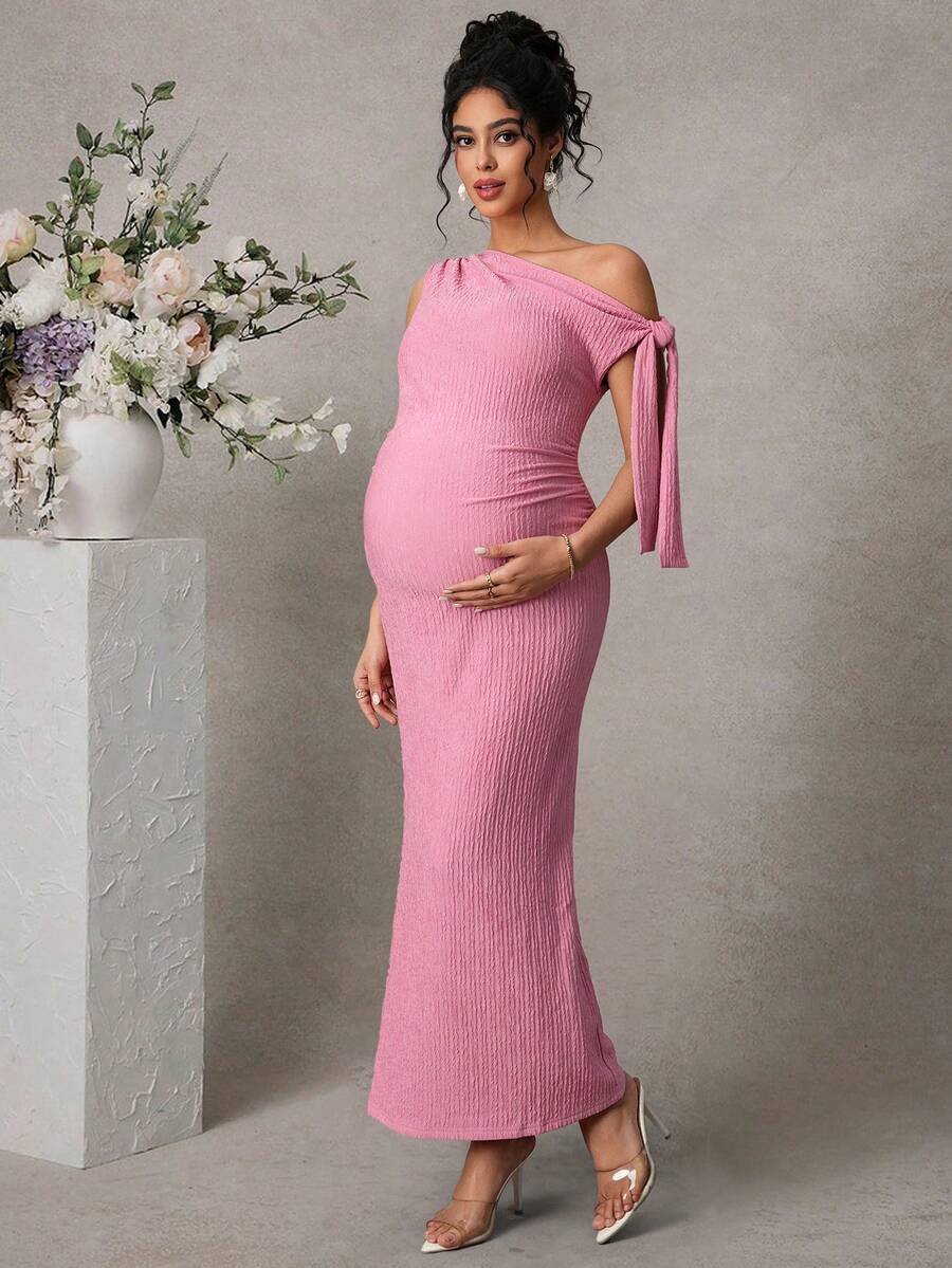 Maternity Fitted Midi Dress - Asymmetrical Neck, Split Sleeve, Jacquard, Slim Fit, Black