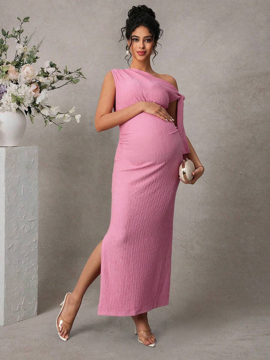 Maternity Fitted Midi Dress - Asymmetrical Neck, Split Sleeve, Jacquard, Slim Fit, Black