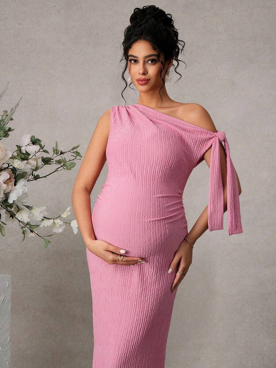 Maternity Fitted Midi Dress - Asymmetrical Neck, Split Sleeve, Jacquard, Slim Fit, Black