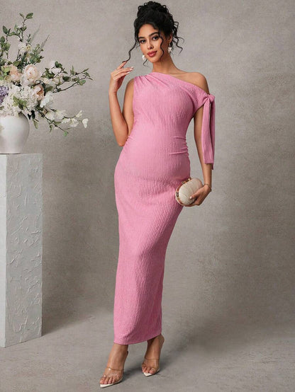 Maternity Fitted Midi Dress - Asymmetrical Neck, Split Sleeve, Jacquard, Slim Fit, Black