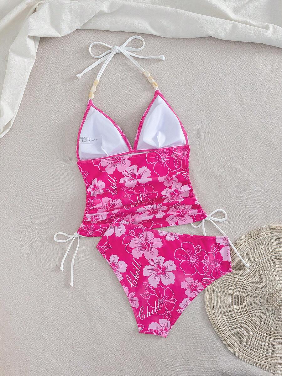 Swim Vcay Ladies Beach Music Festival Spring/Summer Flower Pattern Beaded Drawstring Ruched Neck Hanging Elegant Ladies Tankini Swimwear Two Pieces Set