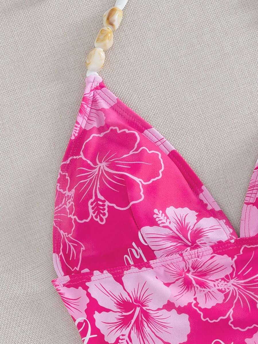Swim Vcay Ladies Beach Music Festival Spring/Summer Flower Pattern Beaded Drawstring Ruched Neck Hanging Elegant Ladies Tankini Swimwear Two Pieces Set