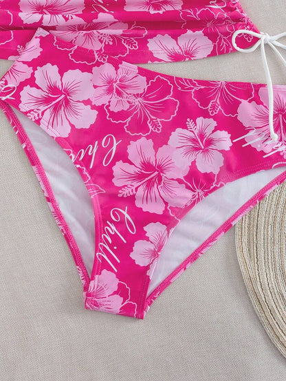 Swim Vcay Ladies Beach Music Festival Spring/Summer Flower Pattern Beaded Drawstring Ruched Neck Hanging Elegant Ladies Tankini Swimwear Two Pieces Set
