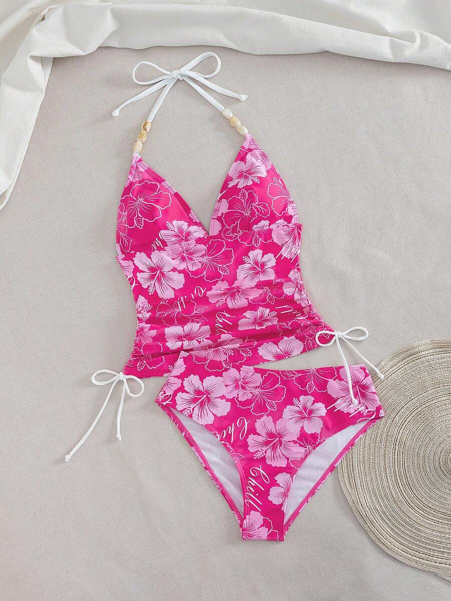 Swim Vcay Ladies Beach Music Festival Spring/Summer Flower Pattern Beaded Drawstring Ruched Neck Hanging Elegant Ladies Tankini Swimwear Two Pieces Set