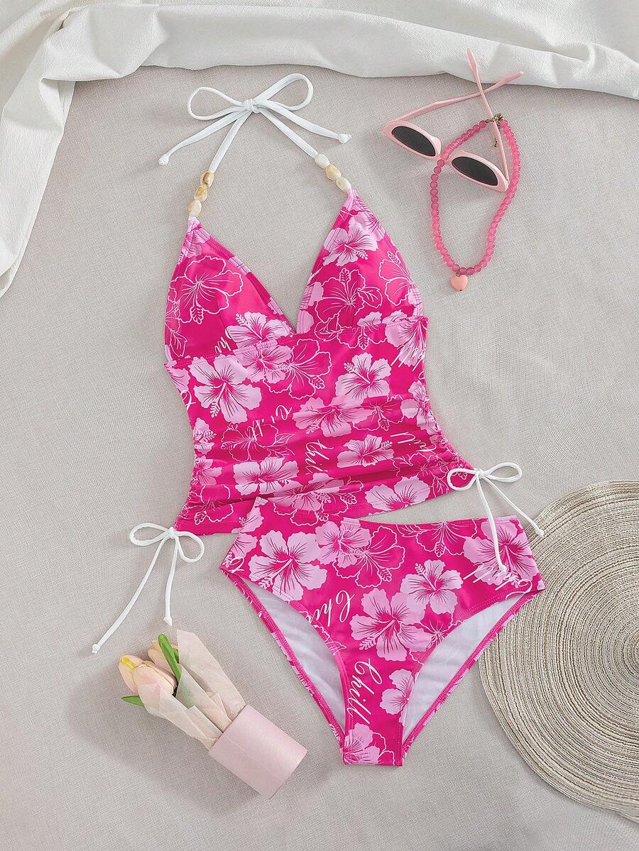Swim Vcay Ladies Beach Music Festival Spring/Summer Flower Pattern Beaded Drawstring Ruched Neck Hanging Elegant Ladies Tankini Swimwear Two Pieces Set