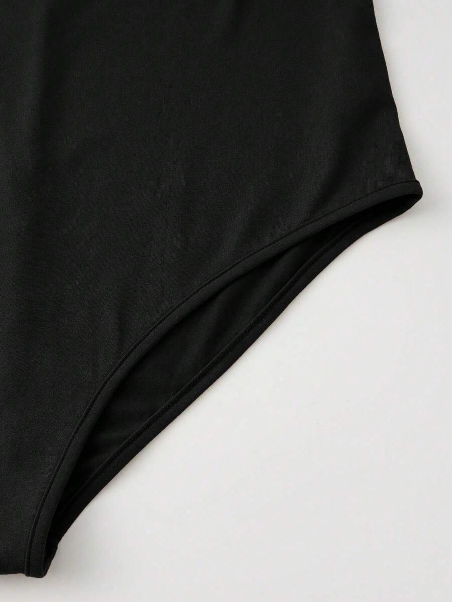 Elegant Black Deep V Neck Sleeveless Bodysuit, High Stretch Slim Fit Office Layering Top, Chic Plain Maternity Friendly Bodysuit