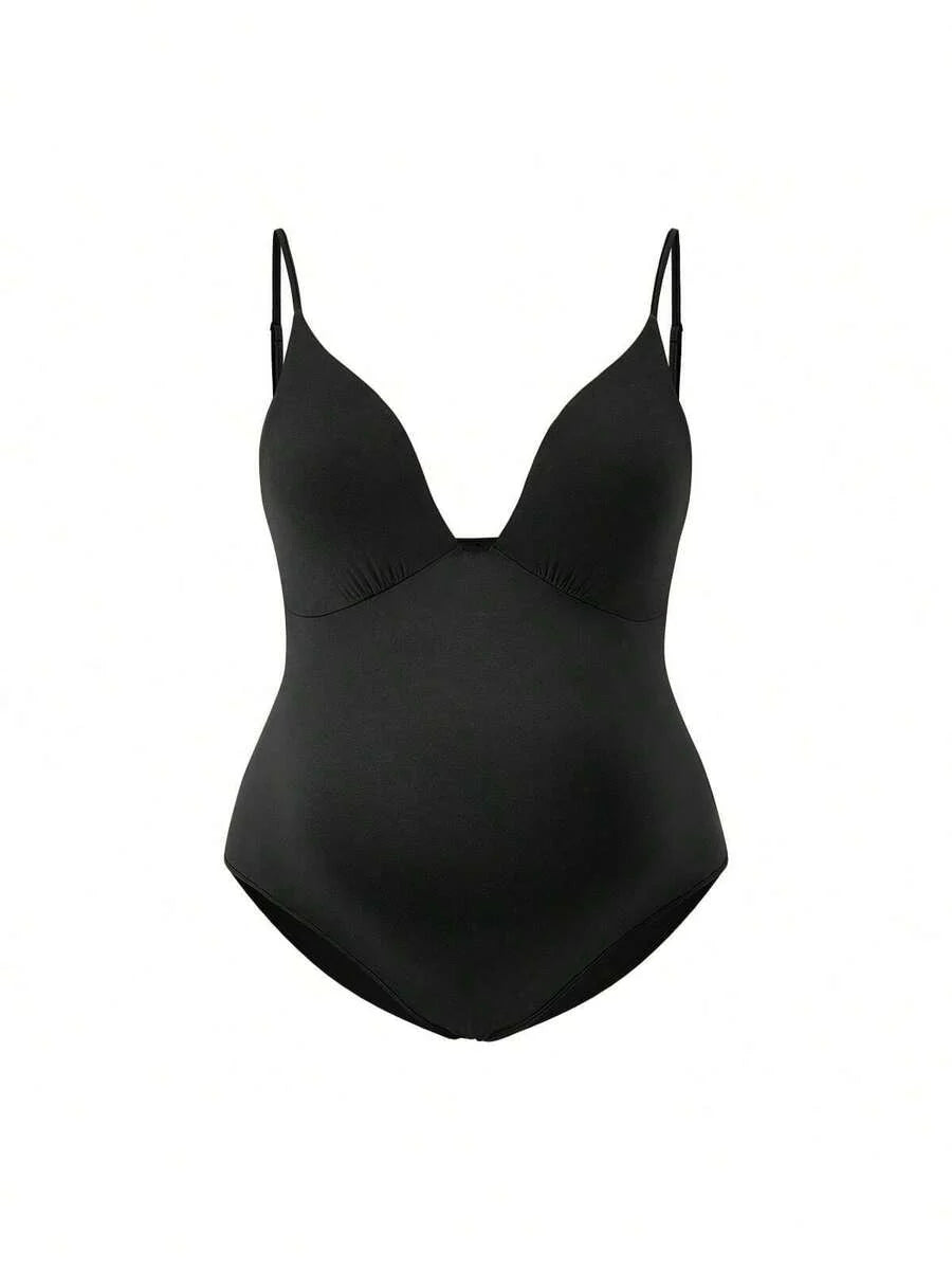 Elegant Black Deep V Neck Sleeveless Bodysuit, High Stretch Slim Fit Office Layering Top, Chic Plain Maternity Friendly Bodysuit