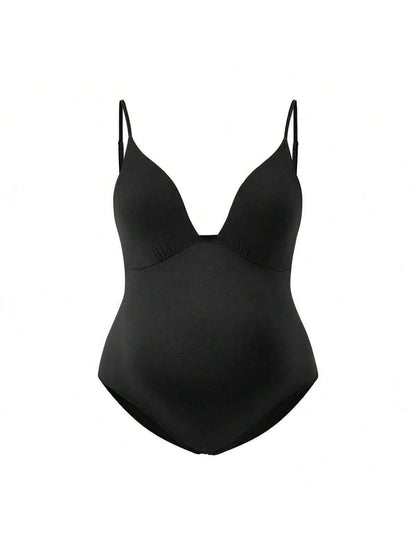 Elegant Black Deep V Neck Sleeveless Bodysuit, High Stretch Slim Fit Office Layering Top, Chic Plain Maternity Friendly Bodysuit