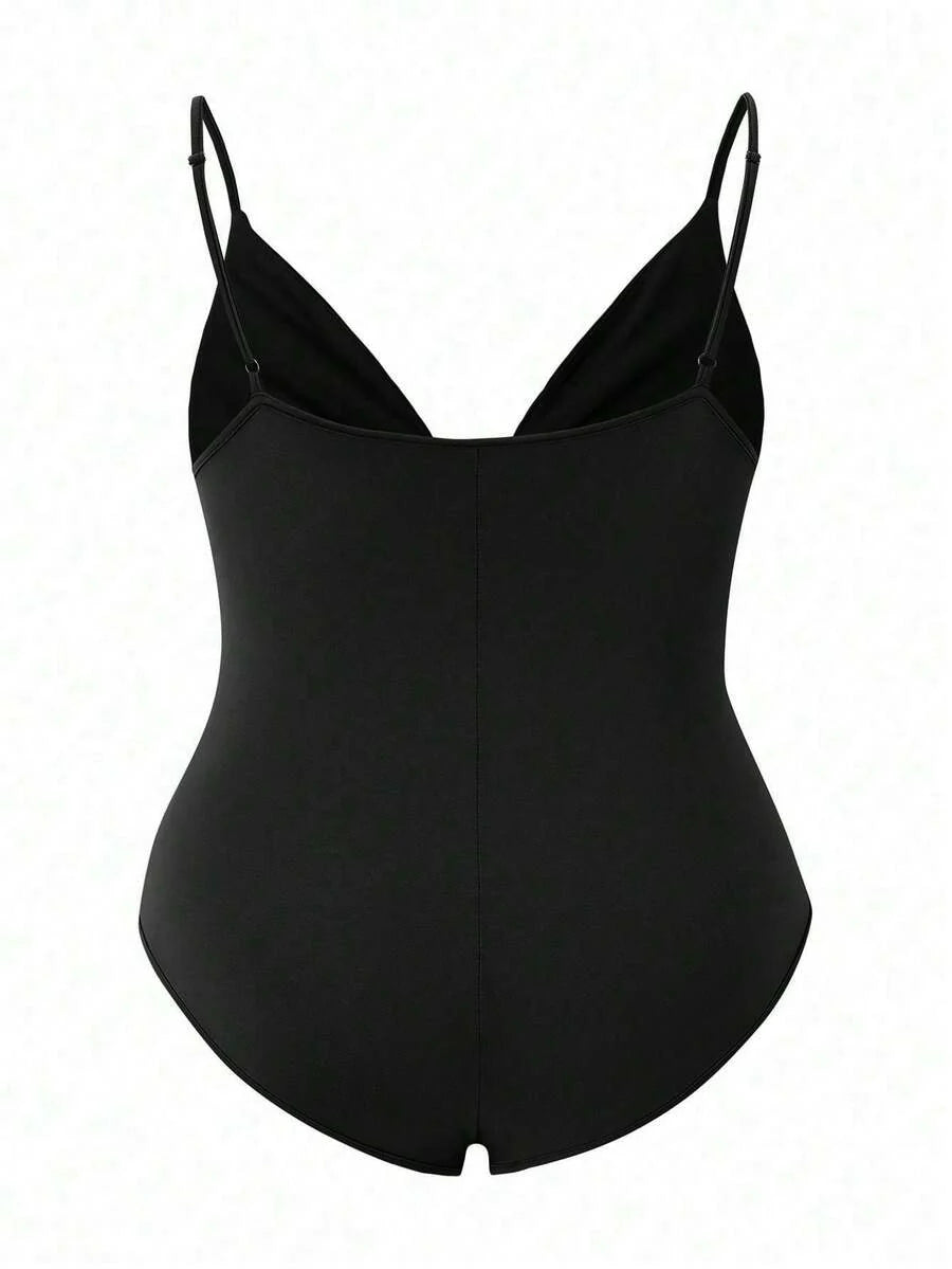 Elegant Black Deep V Neck Sleeveless Bodysuit, High Stretch Slim Fit Office Layering Top, Chic Plain Maternity Friendly Bodysuit