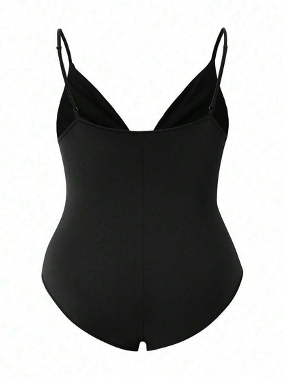Elegant Black Deep V Neck Sleeveless Bodysuit, High Stretch Slim Fit Office Layering Top, Chic Plain Maternity Friendly Bodysuit