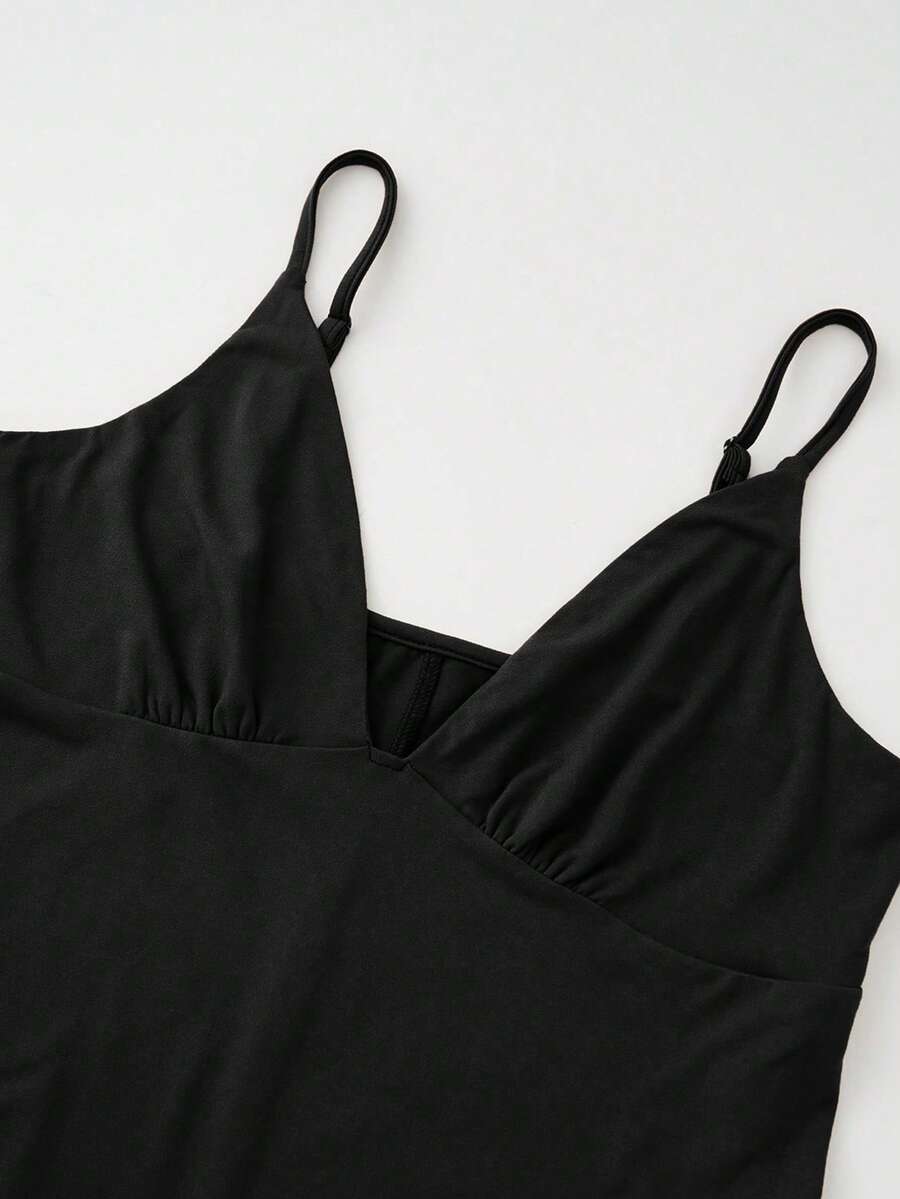 Elegant Black Deep V Neck Sleeveless Bodysuit, High Stretch Slim Fit Office Layering Top, Chic Plain Maternity Friendly Bodysuit