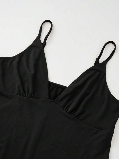 Elegant Black Deep V Neck Sleeveless Bodysuit, High Stretch Slim Fit Office Layering Top, Chic Plain Maternity Friendly Bodysuit