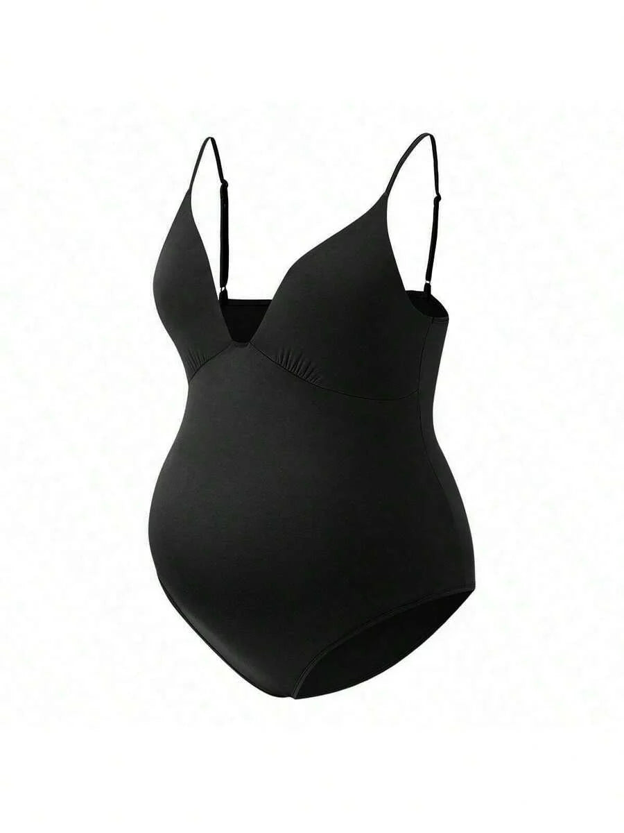Elegant Black Deep V Neck Sleeveless Bodysuit, High Stretch Slim Fit Office Layering Top, Chic Plain Maternity Friendly Bodysuit