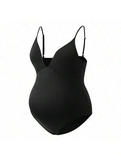 Elegant Black Deep V Neck Sleeveless Bodysuit, High Stretch Slim Fit Office Layering Top, Chic Plain Maternity Friendly Bodysuit
