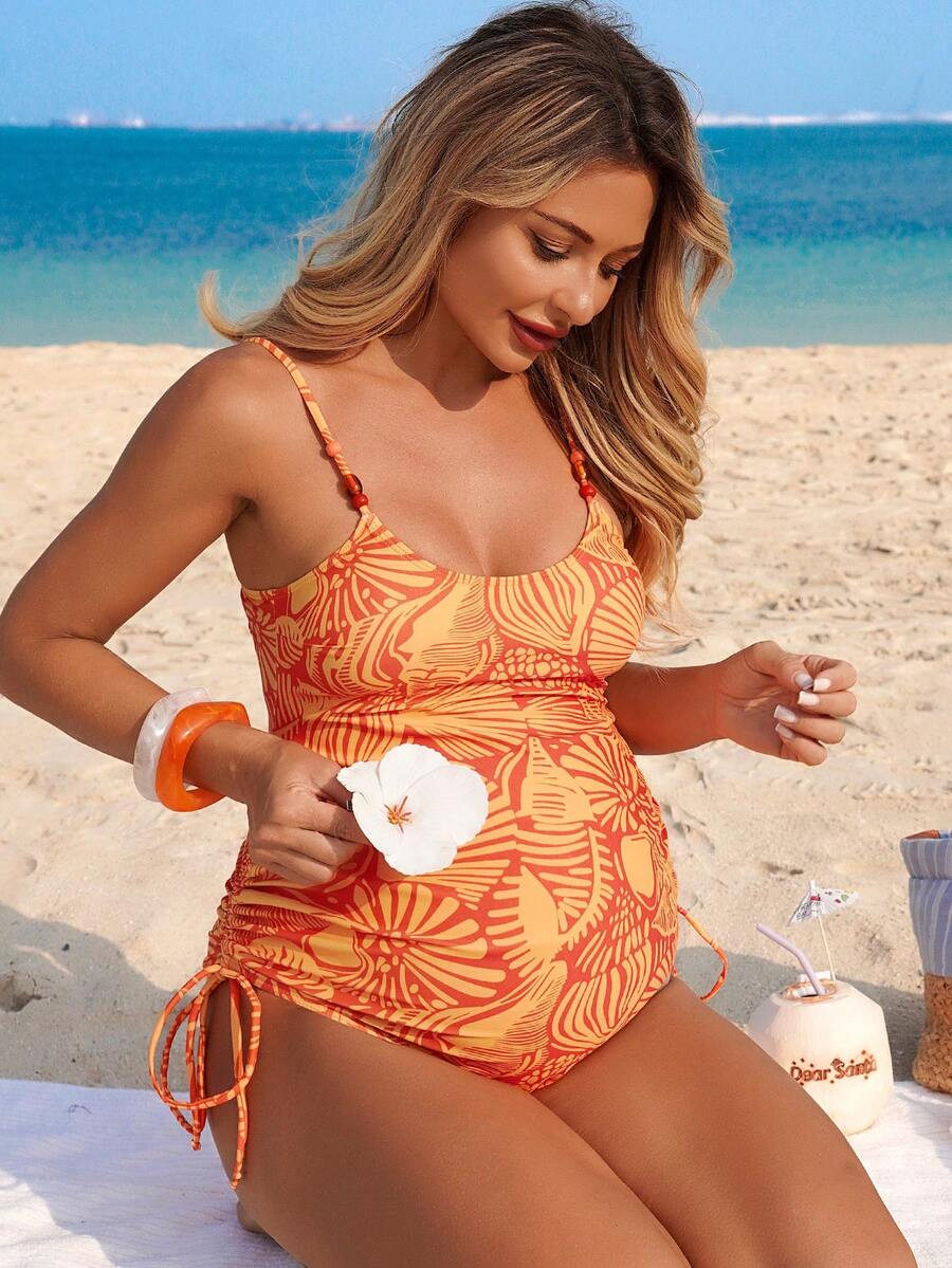 Maternity One-Piece Swimsuit - Floral Print Ruched Twist Spaghetti Strap, Tummy Control