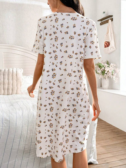 Elegant Floral Maternity Nightgown Women Short Sleeve Collar Sleep Dress with Chest Pocket