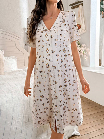 Elegant Floral Maternity Nightgown Women Short Sleeve Collar Sleep Dress with Chest Pocket