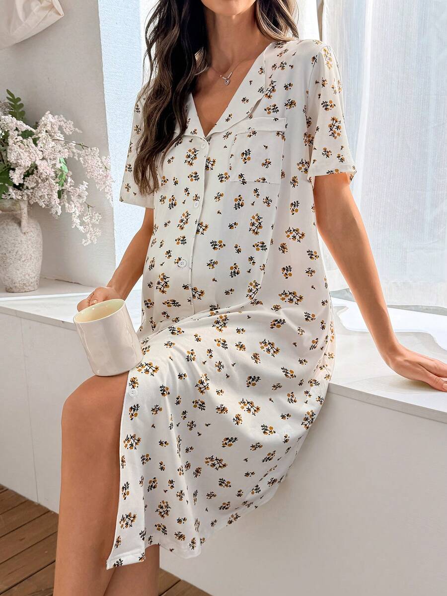 Elegant Floral Maternity Nightgown Women Short Sleeve Collar Sleep Dress with Chest Pocket