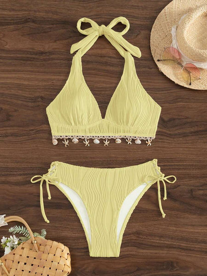 Women's 2-Piece Halter Bikini Set - Shell Trim, Triangle Cup, Floral Print, Apricot