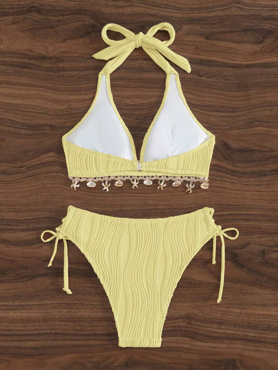 Women's 2-Piece Halter Bikini Set - Shell Trim, Triangle Cup, Floral Print, Apricot