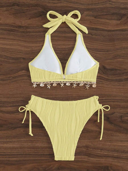 Women's 2-Piece Halter Bikini Set - Shell Trim, V-Cut Triangle, Backless, Black