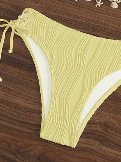 Women's 2-Piece Halter Bikini Set - Shell Trim, Triangle Cup, Floral Print, Apricot