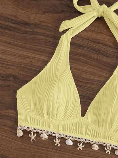 Women's 2-Piece Halter Bikini Set - Shell Trim, V-Cut Triangle, Backless, Black