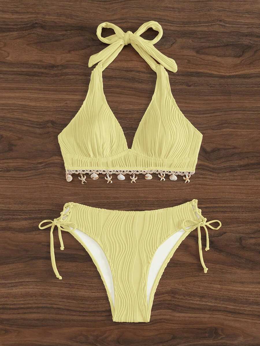 Women's 2-Piece Halter Bikini Set - Shell Trim, V-Cut Triangle, Backless, Black