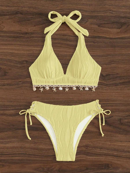 Women's 2-Piece Halter Bikini Set - Shell Trim, V-Cut Triangle, Backless, Black