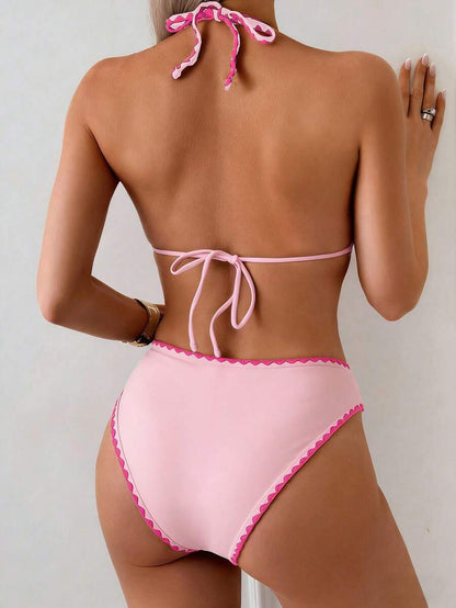 Swim Vcay Women's 2 Pieces Bikini Swimwear, Halter Neck Tie, Floral Print, Fashionable Casual Vacation Swimming Set Women Two Pieces Sets Swimwear Women Bikini Sets Swim Oasis 2 Pieces Flower Bikini Tropical Bikini Set
