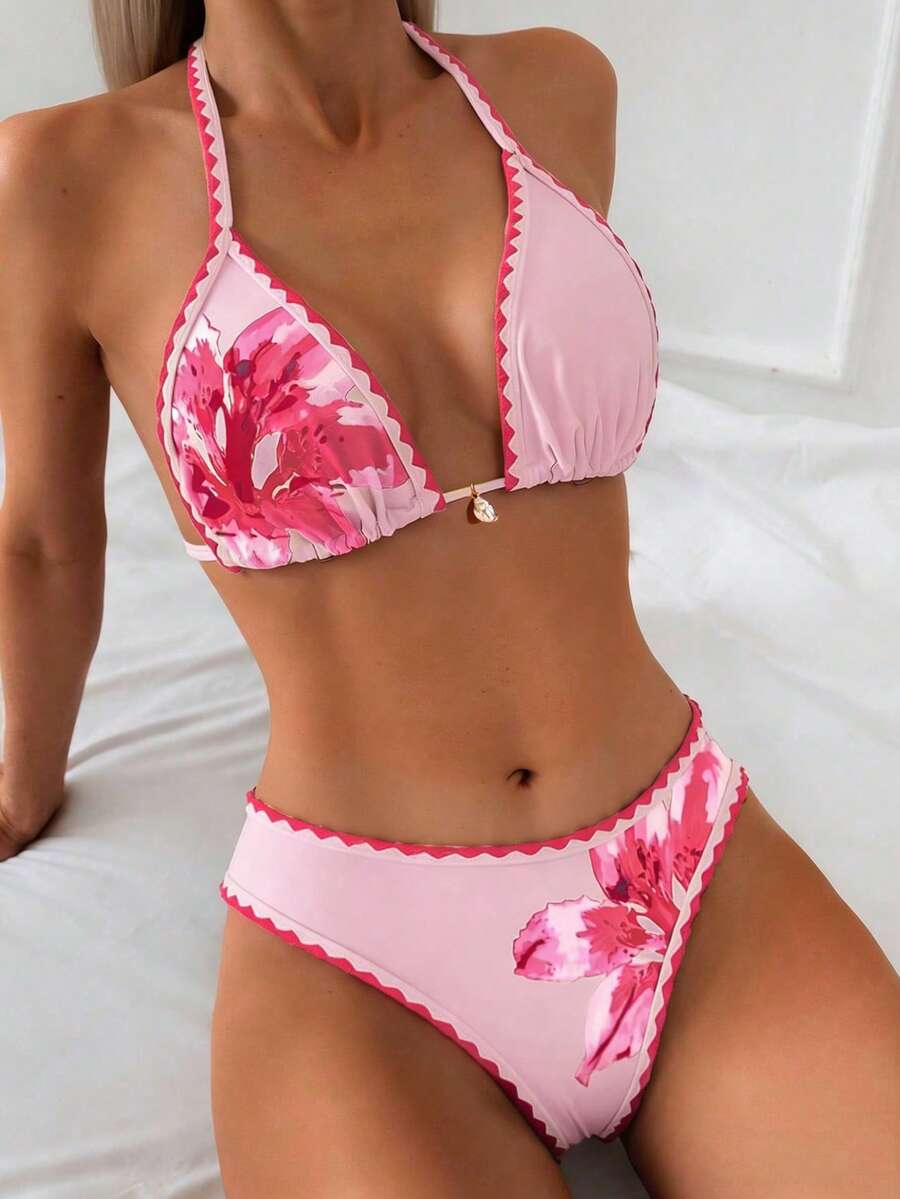 Swim Vcay Women's 2 Pieces Bikini Swimwear, Halter Neck Tie, Floral Print, Fashionable Casual Vacation Swimming Set Women Two Pieces Sets Swimwear Women Bikini Sets Swim Oasis 2 Pieces Flower Bikini Tropical Bikini Set