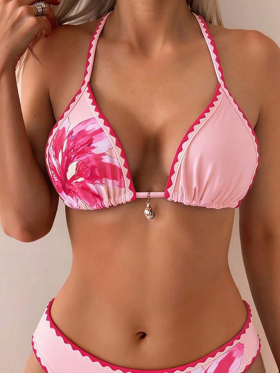 Swim Vcay Women's 2 Pieces Bikini Swimwear, Halter Neck Tie, Floral Print, Fashionable Casual Vacation Swimming Set Women Two Pieces Sets Swimwear Women Bikini Sets Swim Oasis 2 Pieces Flower Bikini Tropical Bikini Set