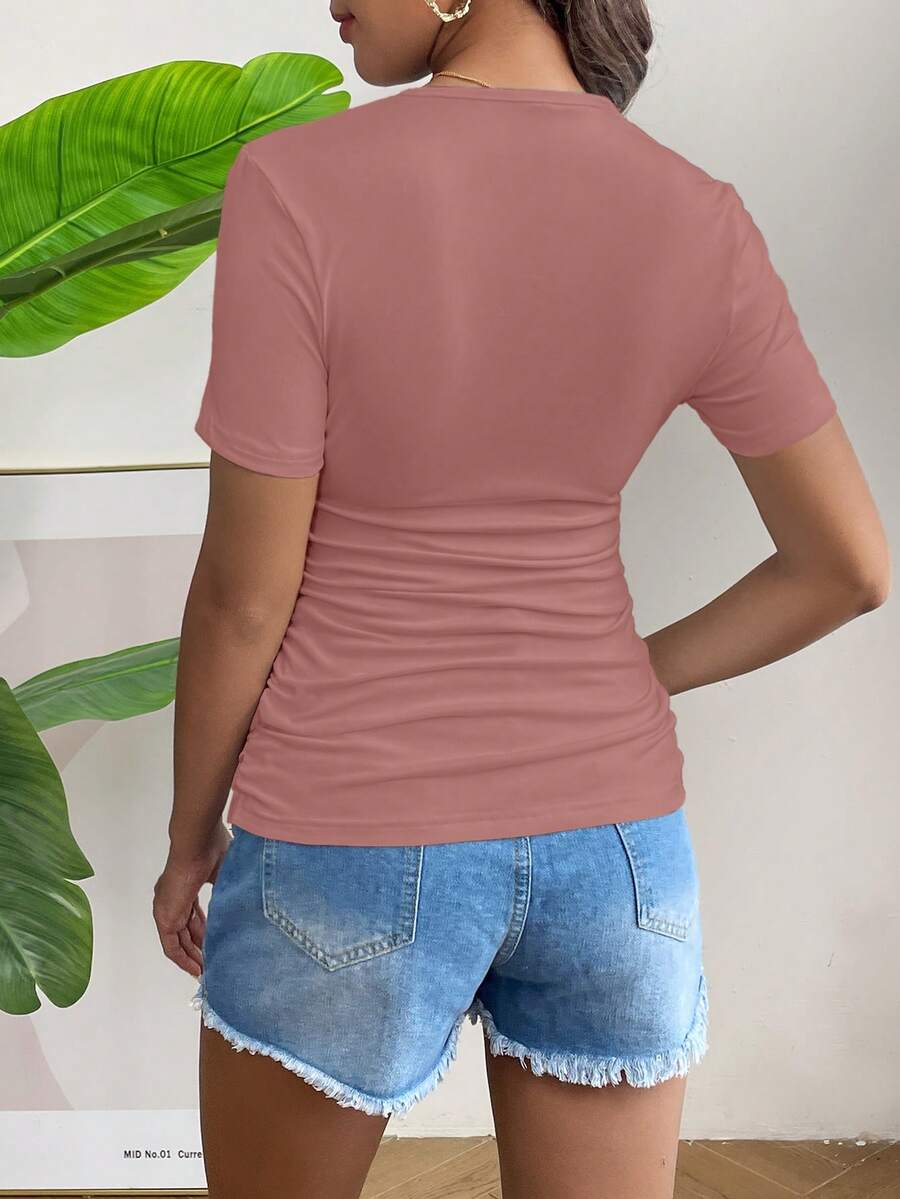 Maternity Short Sleeve Ruched Fitted T-Shirt in Mint Green, High Stretch Slim Fit Summer Pregnancy Top for Daily Wear
